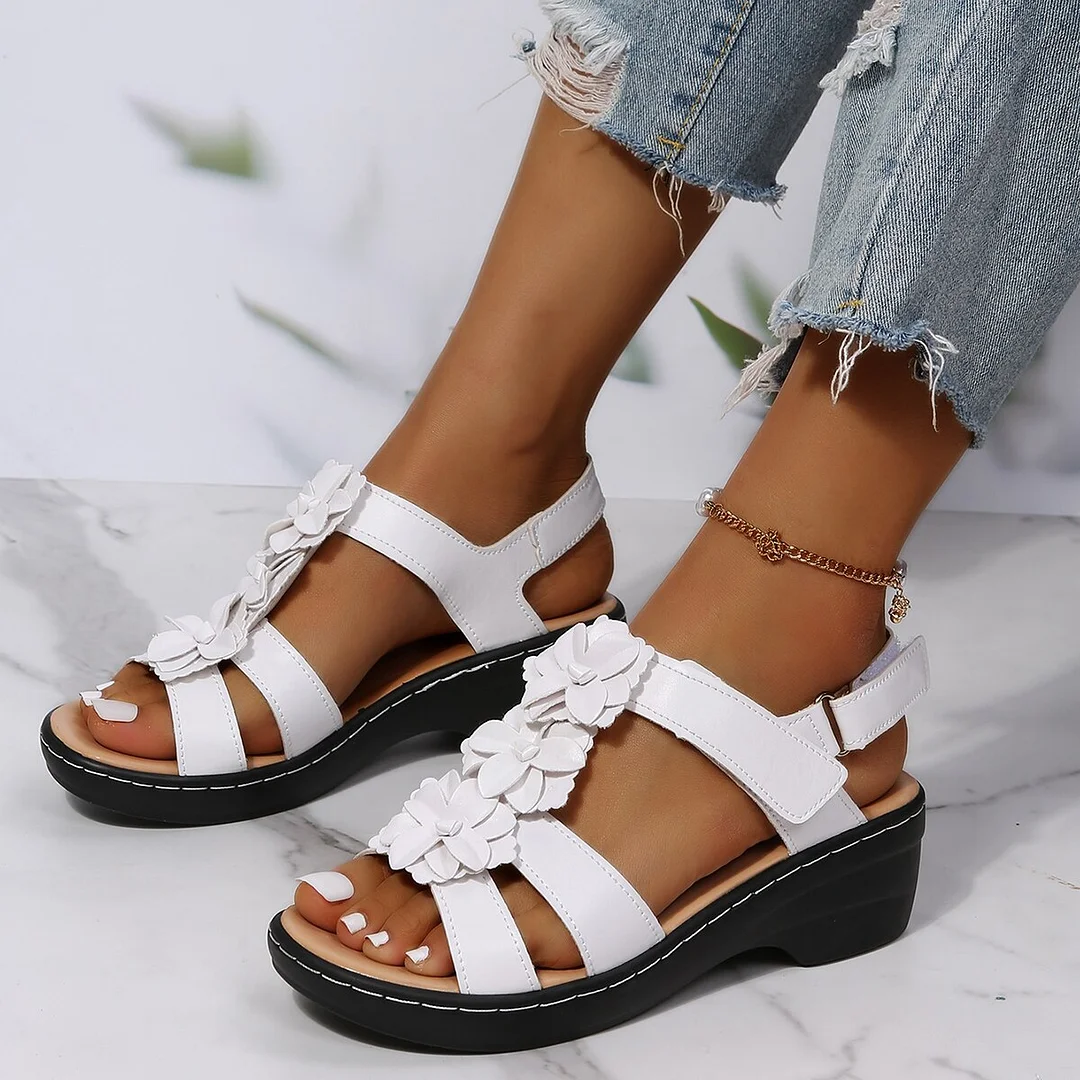 Qengg New Women Sandals Fashion Ladies Solid Color Peep Toe Hook Loop Wedge Flower Shoes Outdoor Casual Comfy Female Footwear