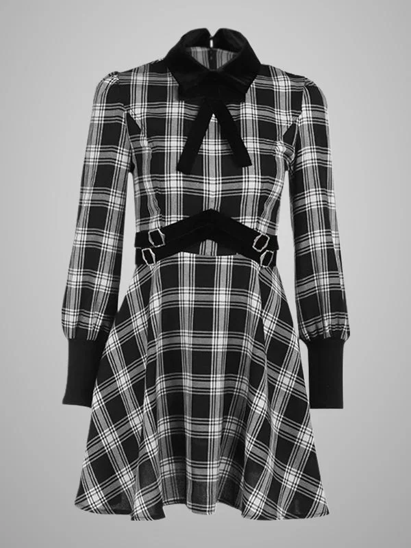 College Style Plaid Checkered Stand Collar Bowknot Buckle Belt Decorated Long Sleeve Skater Dress