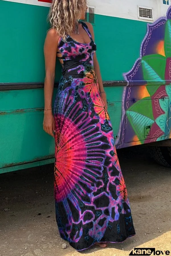 La Bamba Tie-dye Print Back Lace-up Stretch Maxi Dress