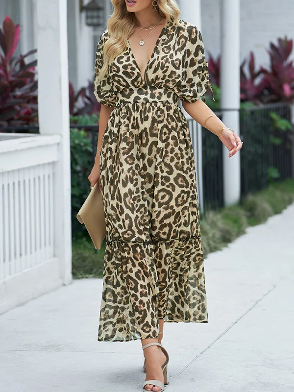 Split-Joint Leopard Short Sleeves Loose Deep V-Neck Maxi Dresses