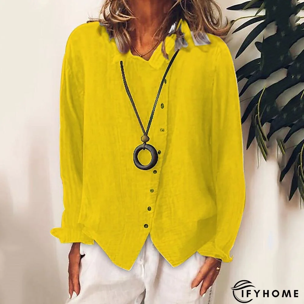 Women's Shirt Blouse White Yellow Blue Plain Button Long Sleeve Daily Weekend Casual Shirt Collar Regular Linen S | IFYHOME