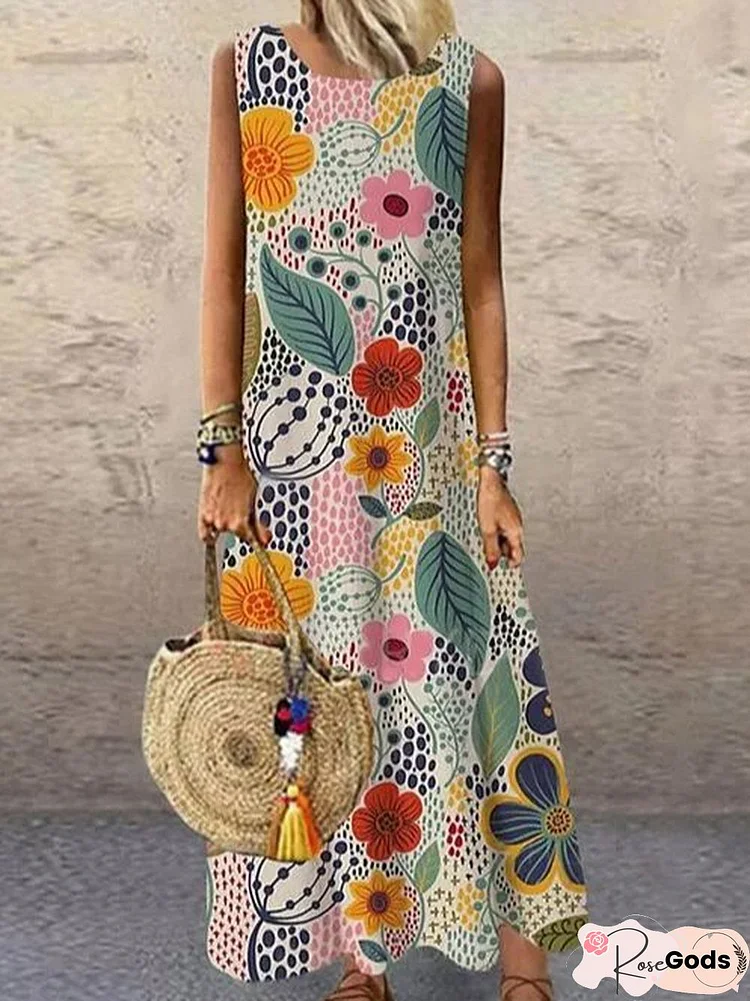 Sleeveless Holiday Floral Crew Neck Knitting Dress