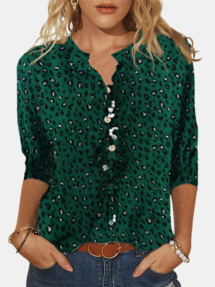 Leopard Print Stand Collar Long Sleeve Blouse For Women P1743474