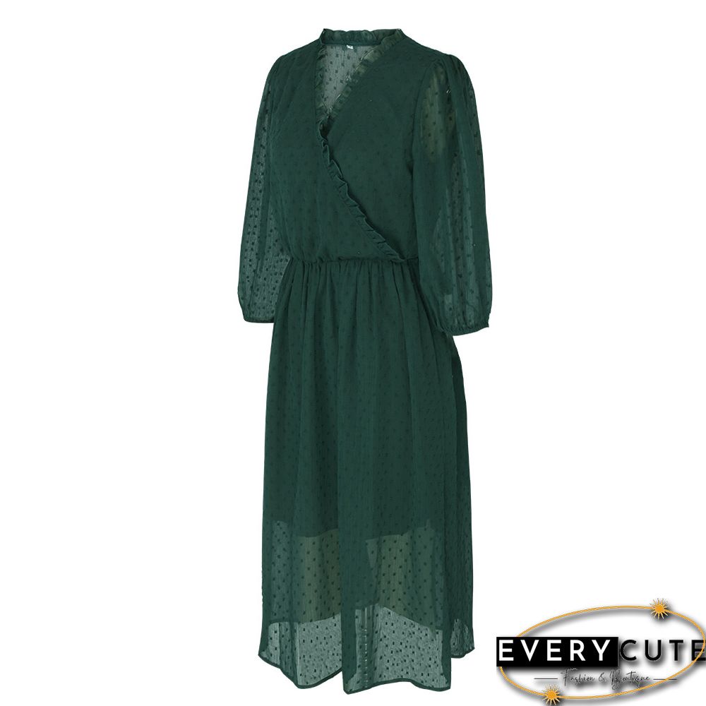 Green V Neck 3/4 Sleeve Slim Waist Chiffon Dress