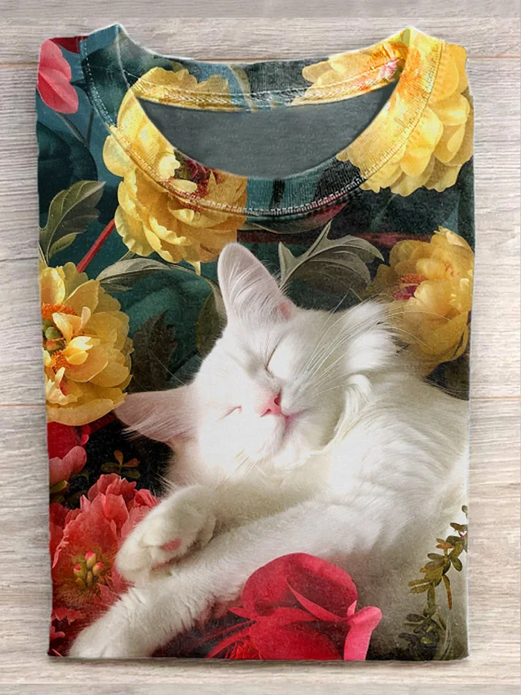 Unisex Floral Cat Print Casual Short Sleeve T-Shirt