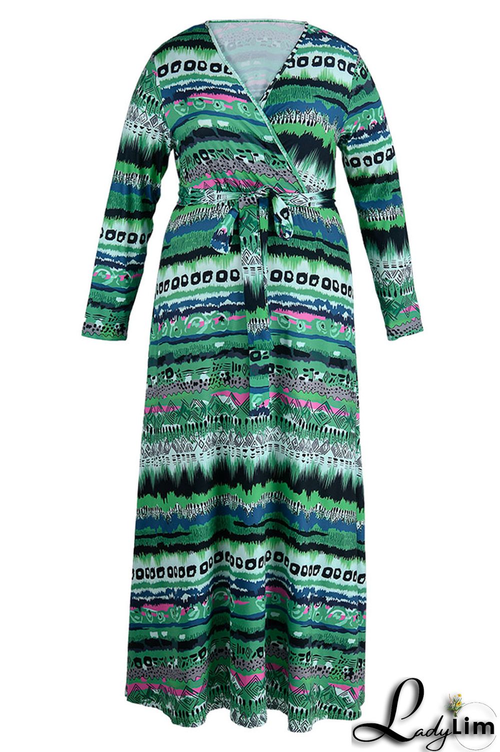 Yellow Casual Print Bandage Patchwork V Neck Long Sleeve Plus Size Dresses