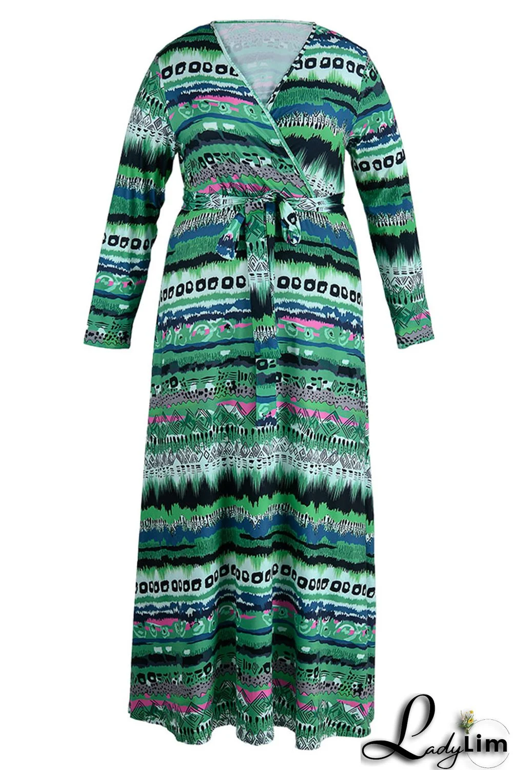 Yellow Casual Print Bandage Patchwork V Neck Long Sleeve Plus Size Dresses