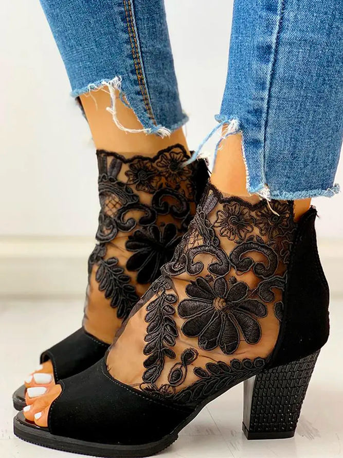 Black Floral Lace Mesh Block Heel Sandals Boots