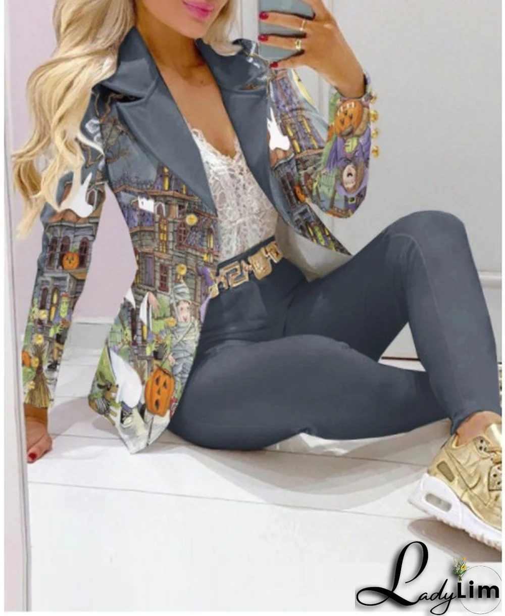 Fall Casual Fashion Suits Women's Print Blazer and pants two piece set