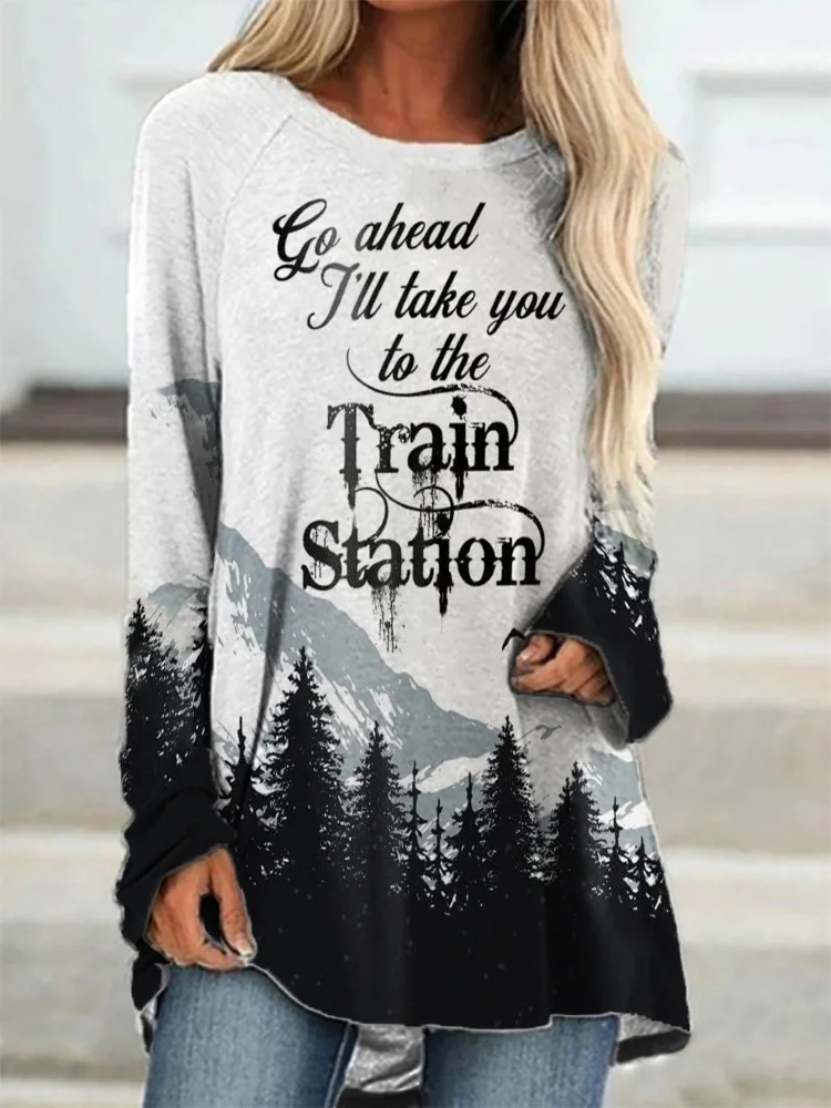 Western Train Station Scenery Print Casual T Shirt