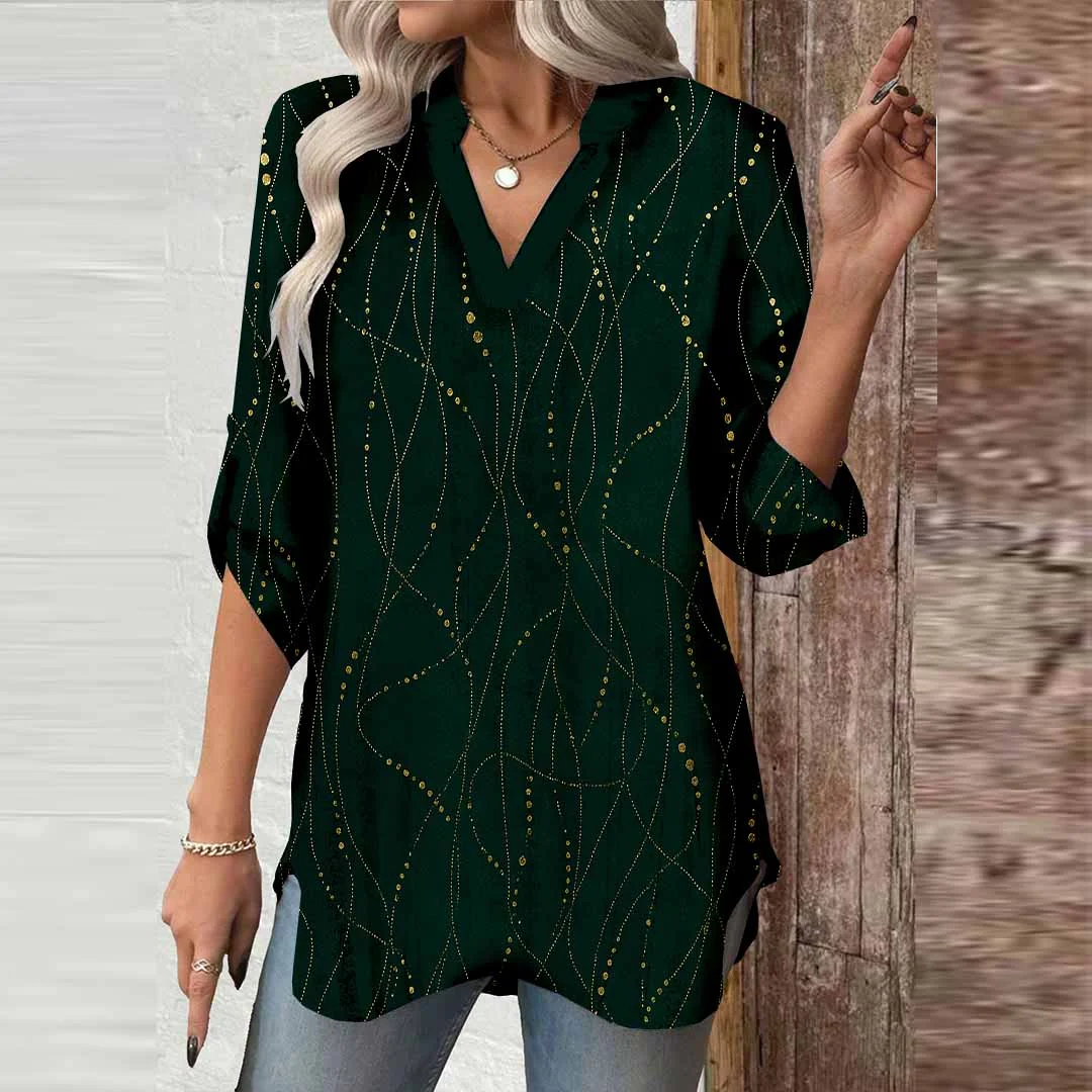 Women Geometric,Stripes,Green DZGA0566 3/4 Sleeve V-neck Printed Graphic Button Tops