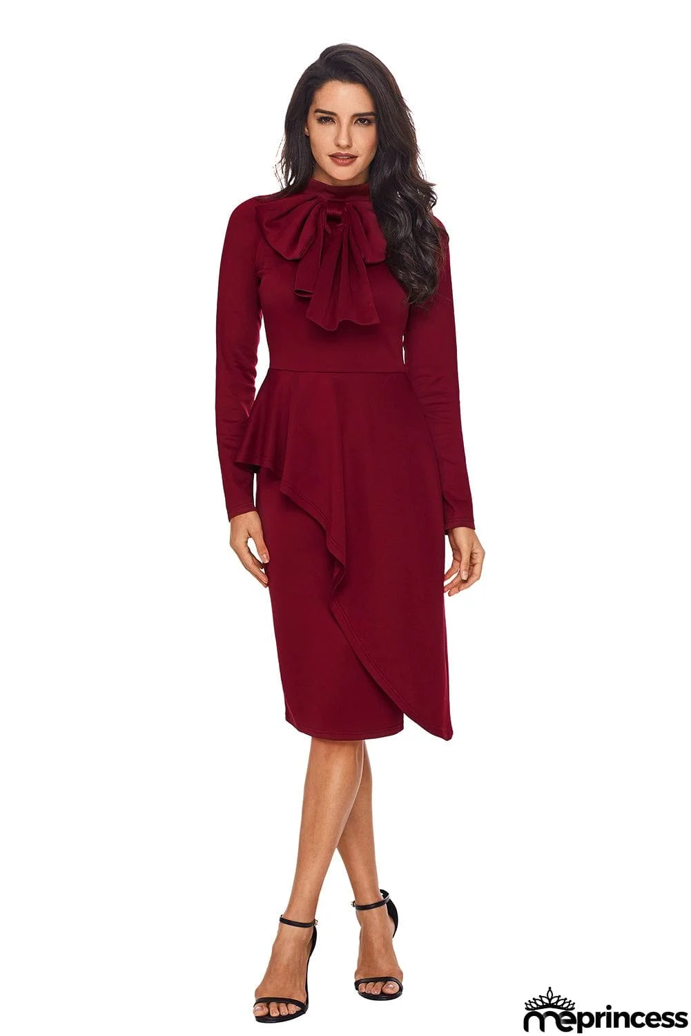 Jade Green Asymmetric Peplum Style Pussy Bow Dress