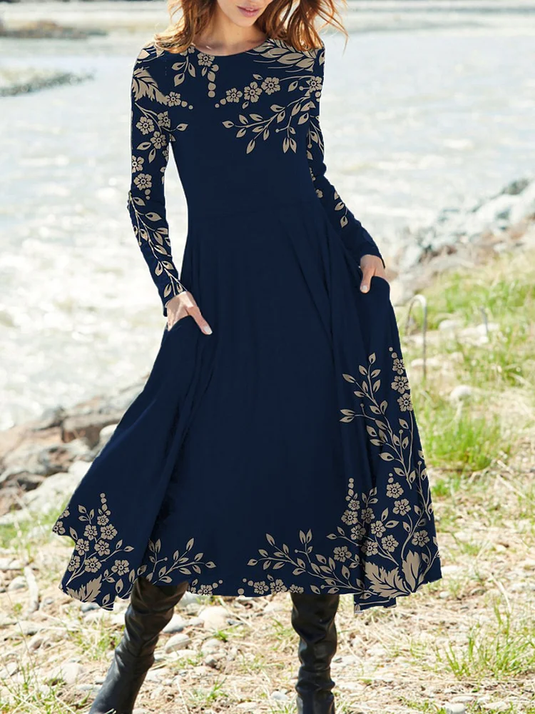 Women Casual Loose Cotton Vintage Floral Hem Long Sleeves Dresses