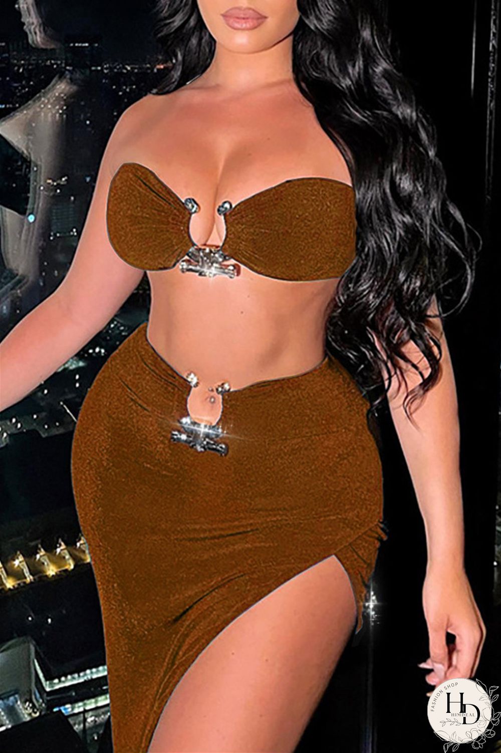 Brownness Fashion Sexy Solid Backless Strapless Sleeveless Two Pieces