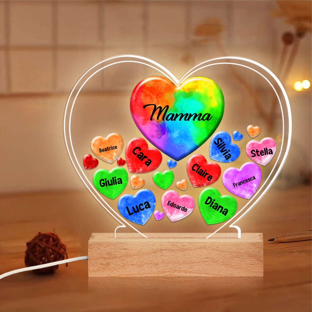 Lampada acrilica a forma di cuore con cuori colorati personalizzata nomi per mamma/nonna deco per casa