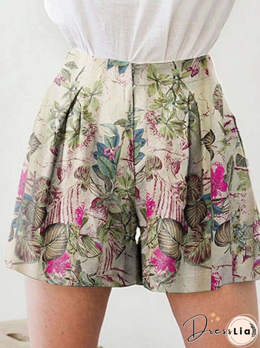 Plant Print Pocket Ruched Casual Shorts