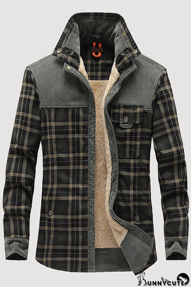 Dark Gray Fashion Casual Plaid Split Joint Buckle Turndown Collar Outerwear