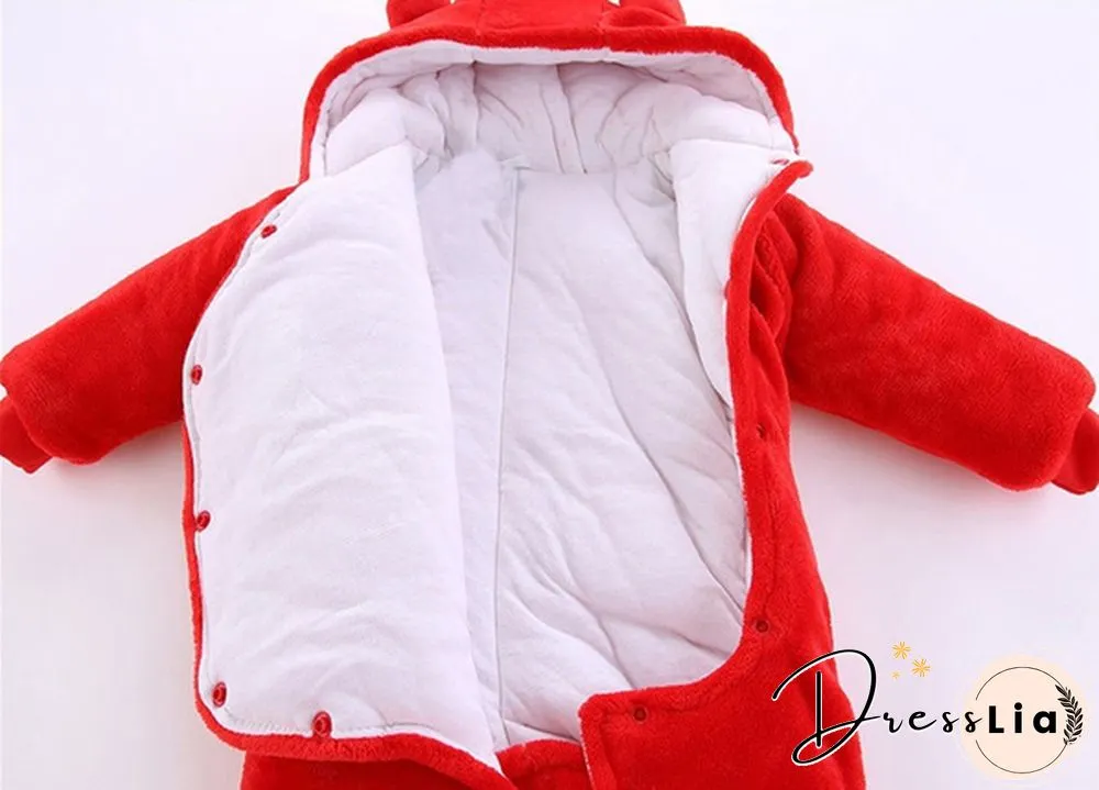 Newborn Baby Girl Boy Solid Color Cartoon Bear Velvet Hooded Jumpsuit Winter Warm Thick