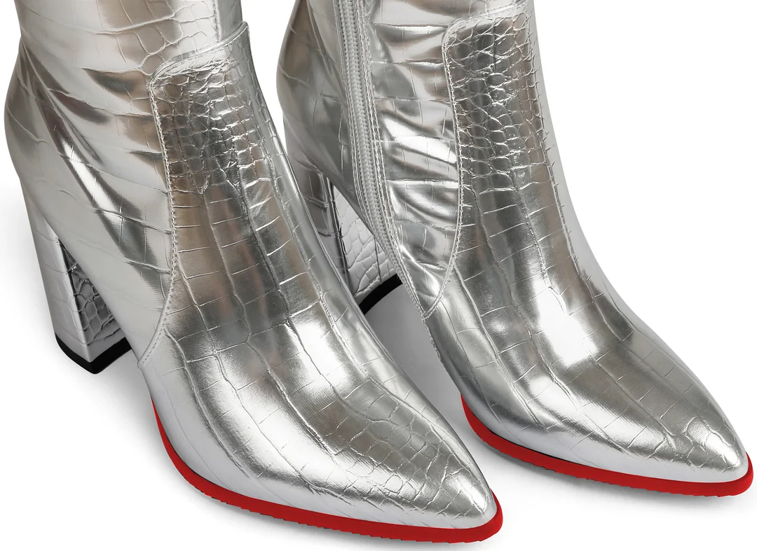 95mm Women's  Knee Boots Leather Red Bottom High Heels Mechanical Style Boots-MERUMOTE