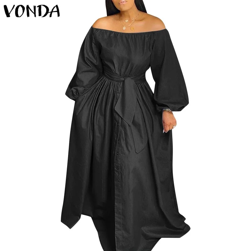 Elegant Off Shoulder Dress 2022 VONDA Spring Sundress Women Solid Color Long Maxi Dress Femme Casual Button Up Party Vestidos