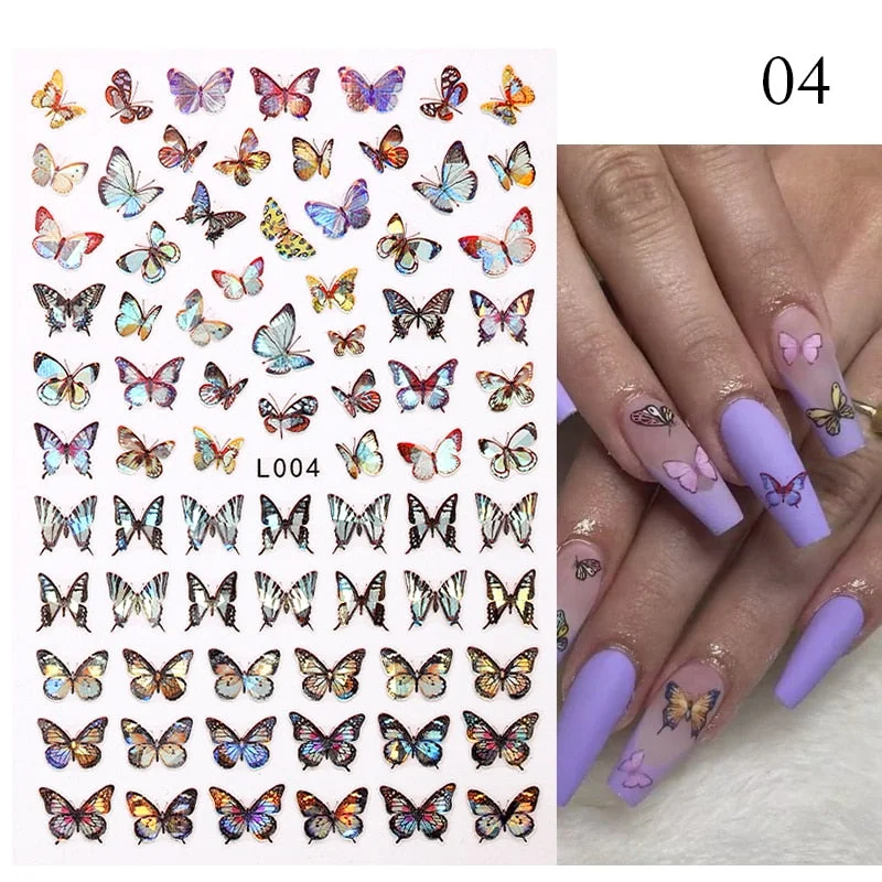 1 Sheet Laser Butterfly Gold Silver Black White 3D Nail Stickers Butterflies Heart Nail Decals Slider DIY Nail Art Decotaion-Nail Inspo