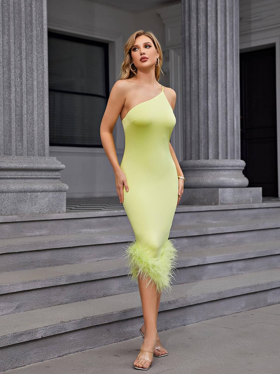 Romilly Asymmetric Feather Midi Dress In Green
