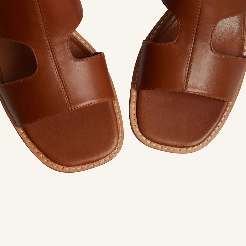 YDN Simple Brown Open Toe Slingback Stacked Heeled Sandals