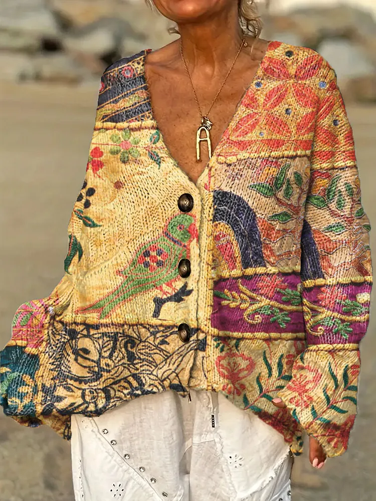 Women's Vintage Floral Bird Pattern Art Print Casual Pullover Sweater