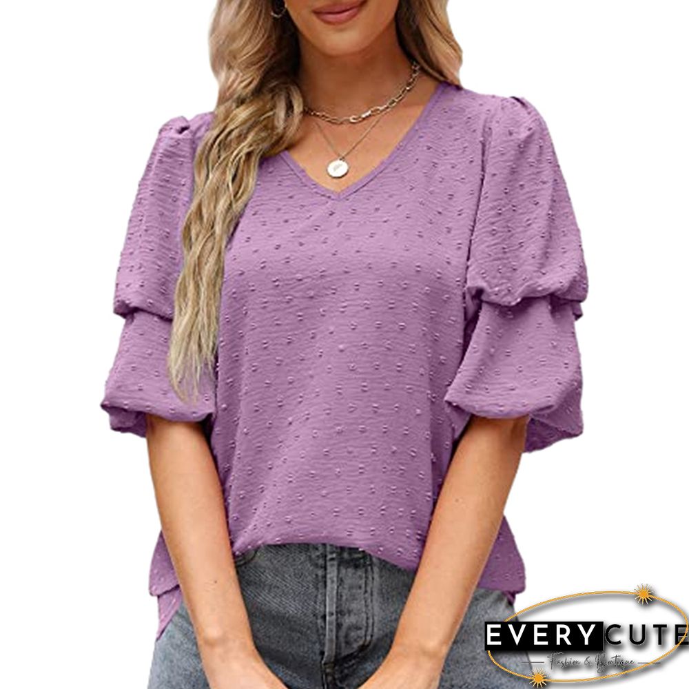 Purple Swiss Dot Puff Short Sleeve V Neck Top