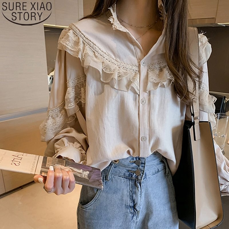 Casual Elegant Women Tops and Blouses Vintage Women Spring Lantern Long Sleeve Loose Lace Blouse Shirts Fashion Blusas 10097