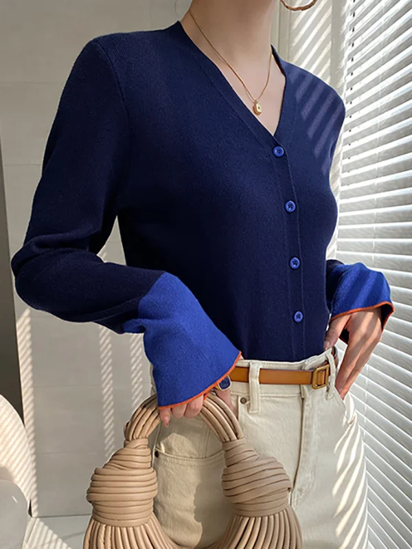Flared Sleeves Long Sleeves Buttoned Contrast Color Split-Joint V-Neck Cardigan Tops