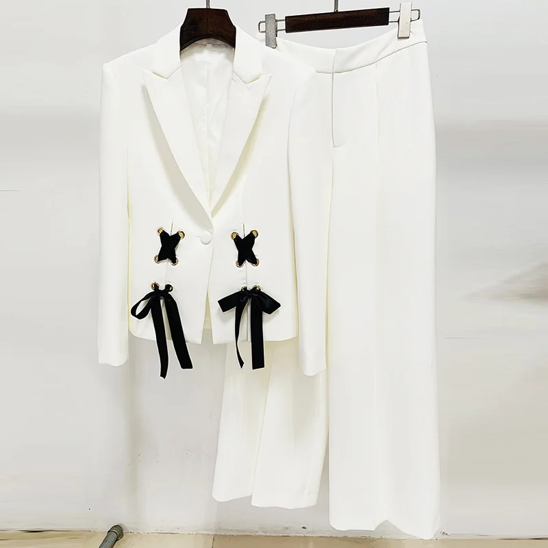 Nigikala Nigikala Early Spring Series New Star Fashion Ribbon Strap Blazer Broad Leg Trousers Set