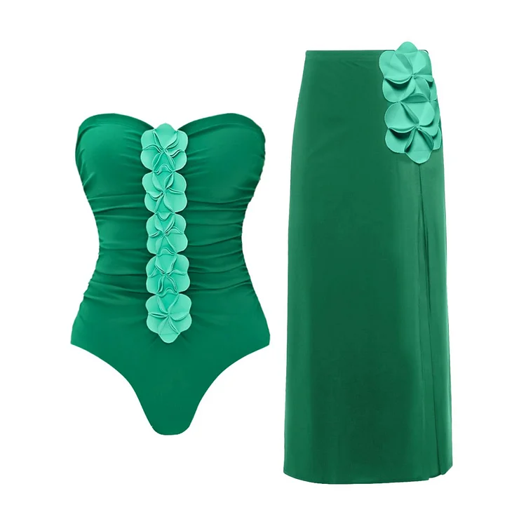 Bandeau 3D Flower One Piece Swimsuit and Skirt(Shipped on Mar 24th)