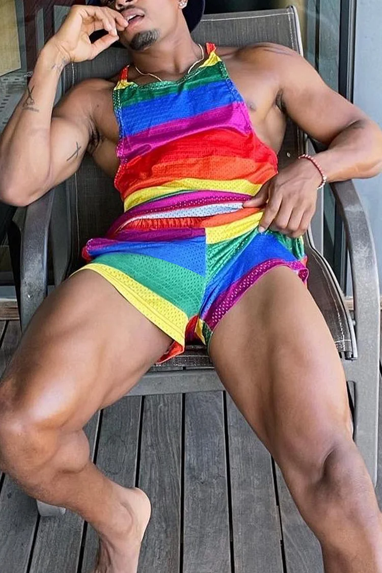 Ciciful Men's Rainbow Stripe Tank Top Shorts Two Piece Set