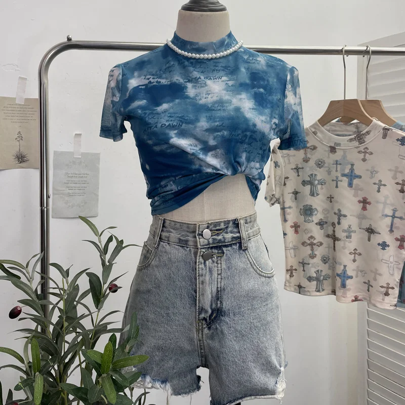 Nigikala Nigikala Shooting Retro Tie-Dye Double-Layer Mesh Half-High-Neck Short-Sleeved T-Shirt T-Shirt Short-Sleeved T-Shirted Woman 8833