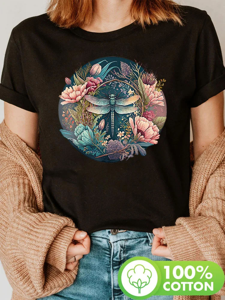 Women's Cottagecore Floral Dragonfly Print T-Shirt - Short Sleeve Crew Neck Casual Top, Lightweight & Breathable For Spring & Summer, Black With Vibrant Blue & Pink Flowers Design