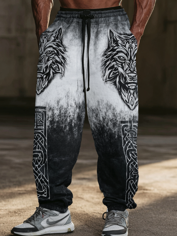 Men's Retro Viking Wolf Head Pattern Printed Casual Sweatpants elevenforest