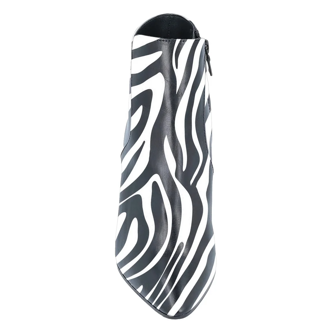 White & Black Chunky Heel Zebra Print Zipper Pointed Toe Boots