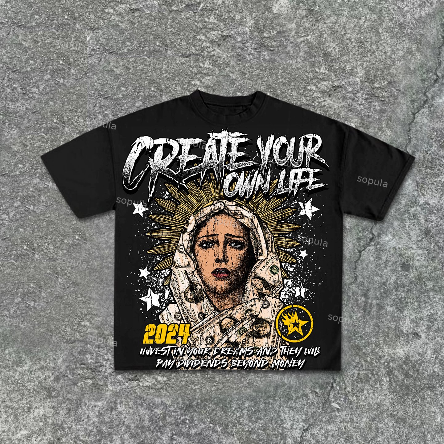 Sopula Unisex Our Lady Of Money Print Cotton Short Sleeve T-Shirt - SOPULA