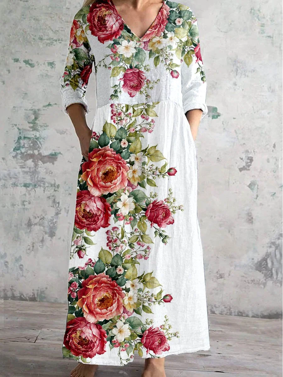 Women's V-neck Floral Print Cotton And Linen Dress With Pockets