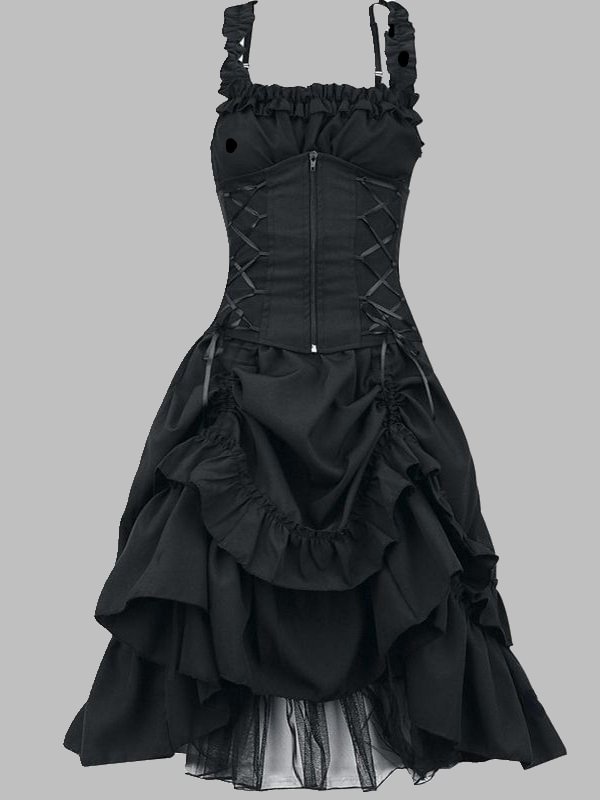 Goth Lace Up Gathered Spaghetti Straps Square Collar Tiered Dress