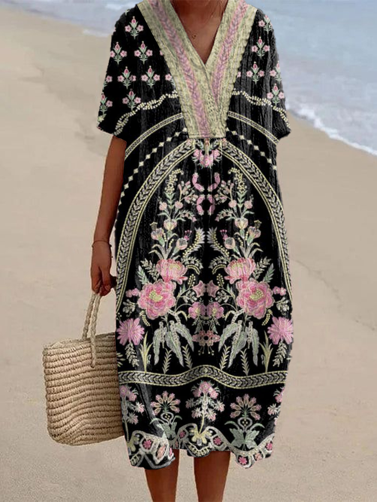 Ethnic Floral Pattern Women's Linen Maxi Dress wearshes