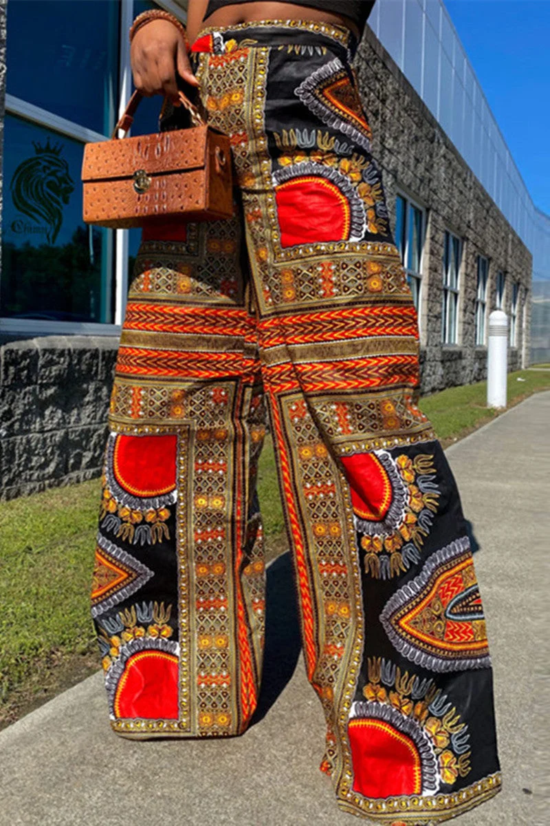 Fashion Casual Print Basic Regular High Waist Straight Trousers