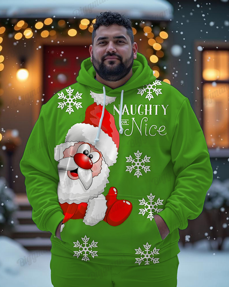 Men's Plus Size Christmas Snowflake Santa Print Hooded Sweatshirt