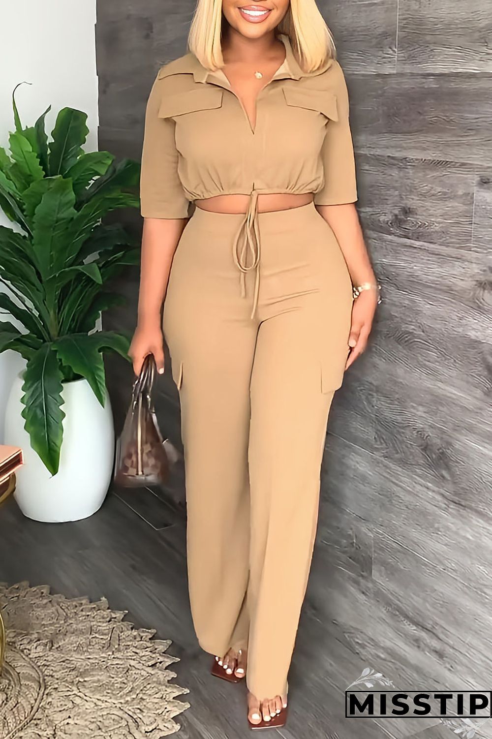 Black Casual Solid Bandage Patchwork Turndown Collar Half Sleeve Two Pieces