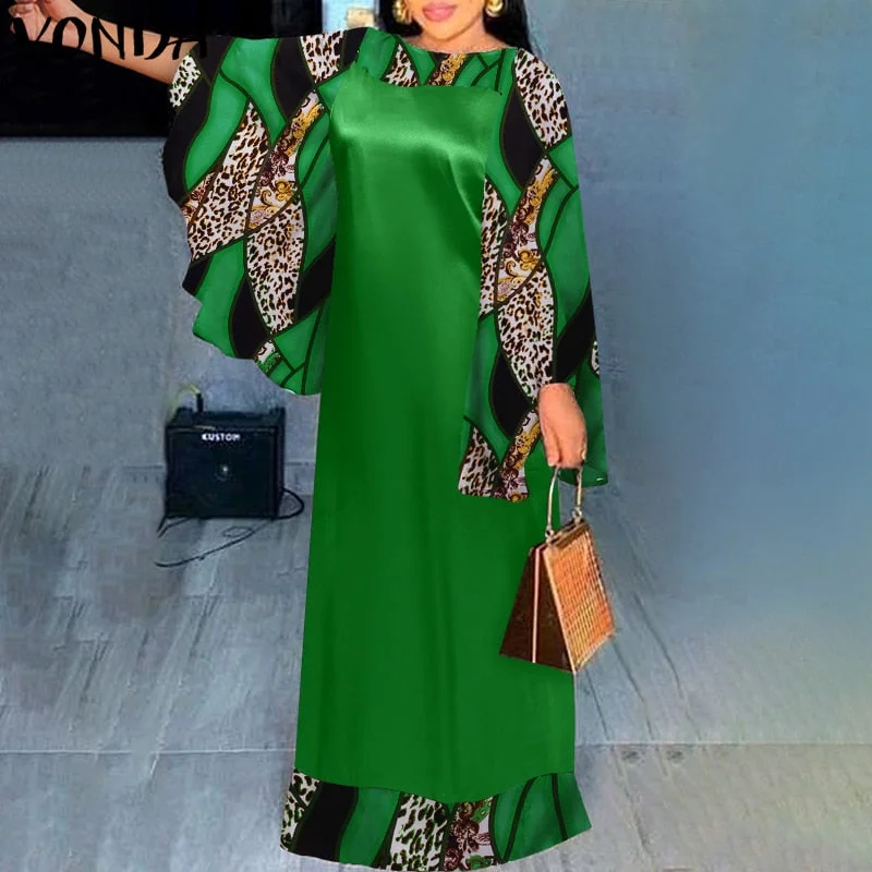 VONDA 2022 Summer Long Maxi Dress Women Baggy O Neck Flare Sleeve Printed Pleated Vestido Vintage Robe Oversize Beach Sundress