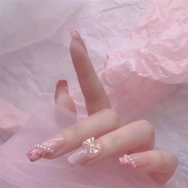 24pcs Rhinestone Design Fake Nails Shiny Bridal Women Lady party nail DIy Decorations Press On nail Tips False Nail Patch-Nail Inspo