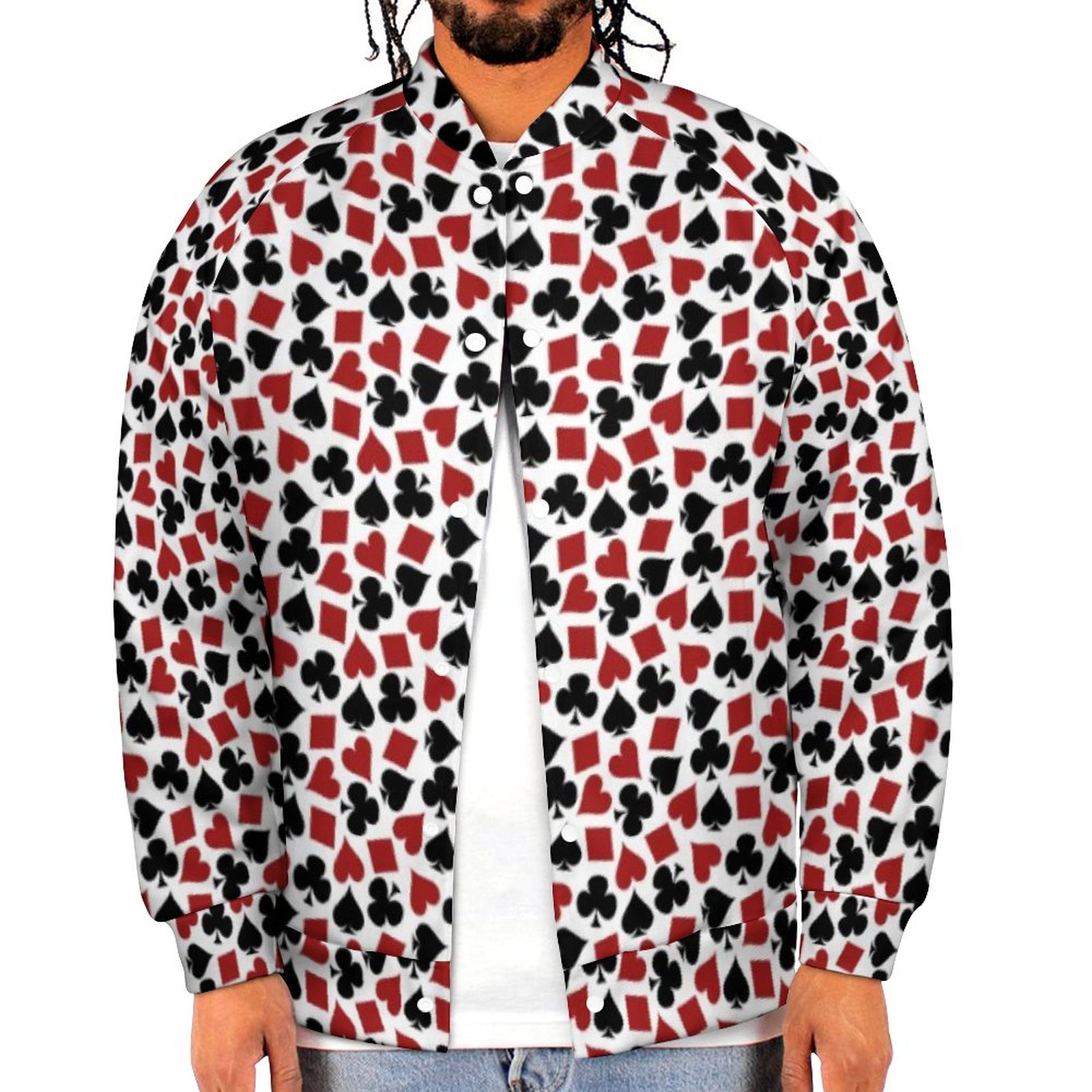 Poker Playing Card Suit Vegas Casino Pattern Sweatshirt Jacket Mens Casual Lightweight Button Up Bomber Jacket Outwear