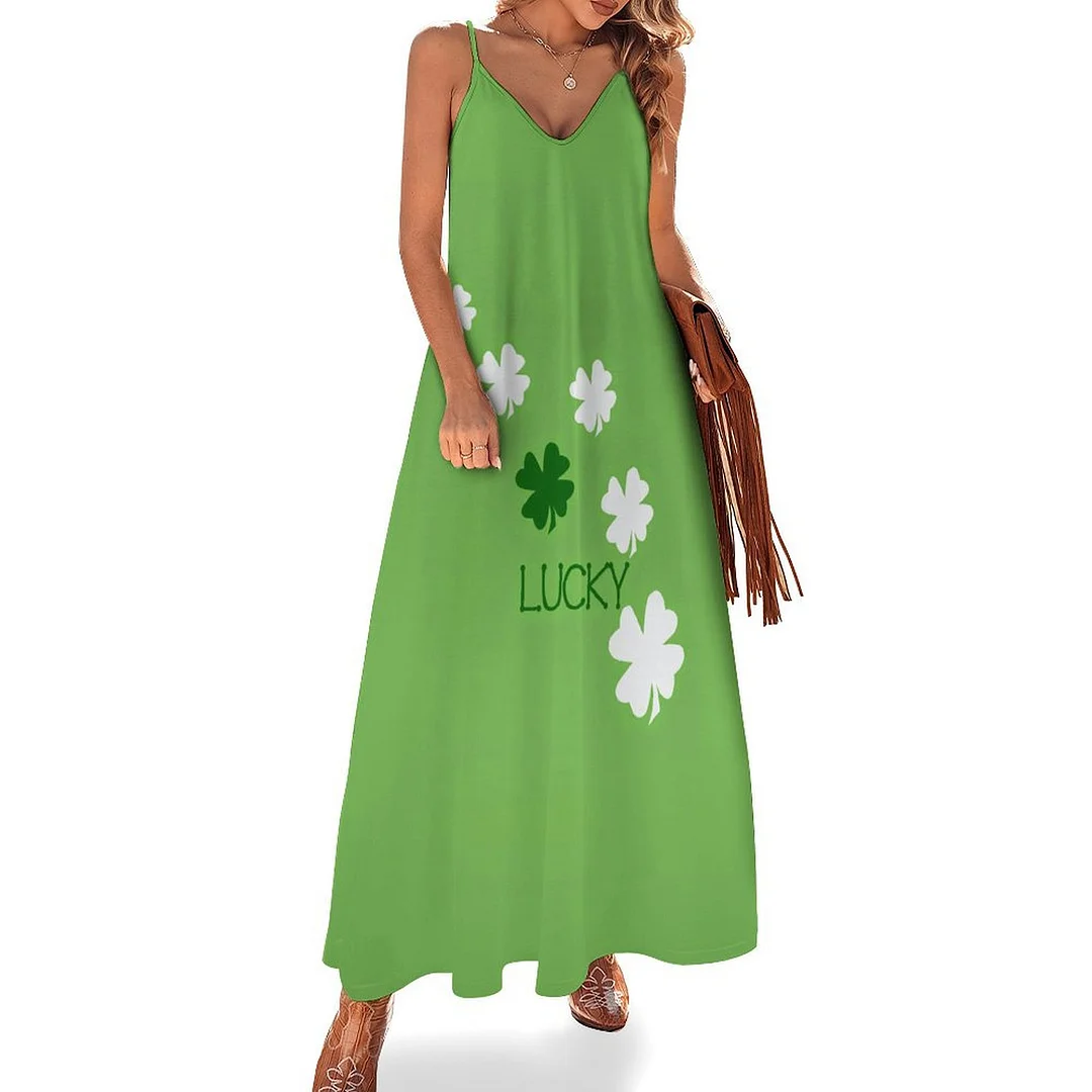 Style & Comfort for Mature Women Plus Size Printed Sling Casual Women Maxi Dress in Pattern St. Patrick's Day, Green, Clover, Lucky