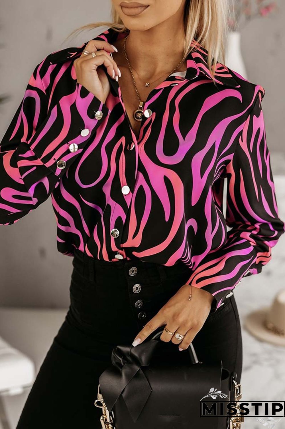 Black Apricot Casual Print Patchwork Shirt Collar Tops